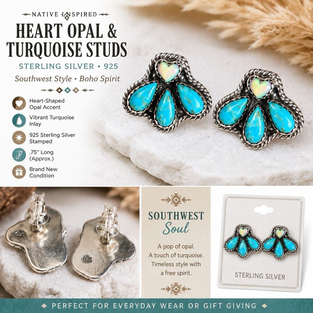 Turquoise Cluster Opal Sterling Silver Stud Earrings Southwest Western Boho - Picture 4 of 7